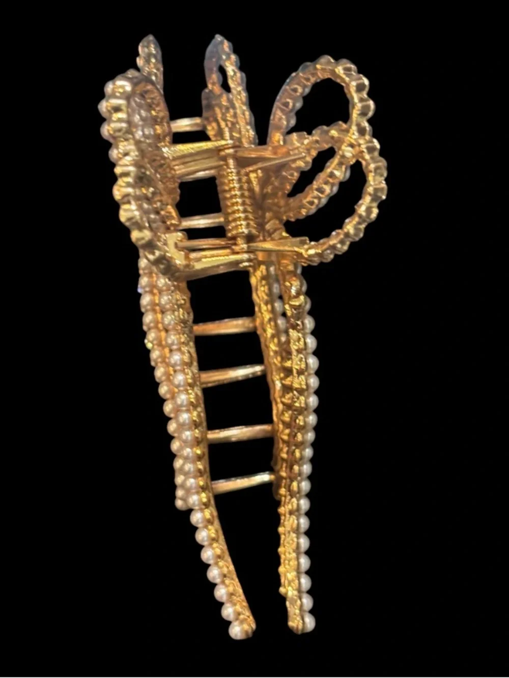 Gold Bow Claw Clip with Pearls and Clear Rhinestones NWOT